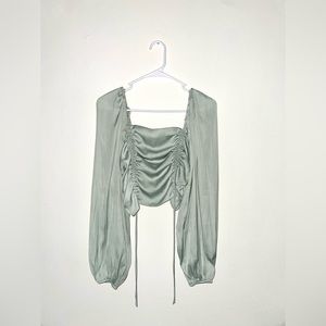 NWT Miss Lola sage green silky ruched top w/ long flowy balloon sleeves size S